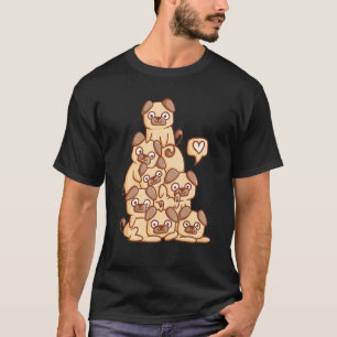 Camiseta Cachorro Bonito Pug Pilha Chibi Mulheres Meninas