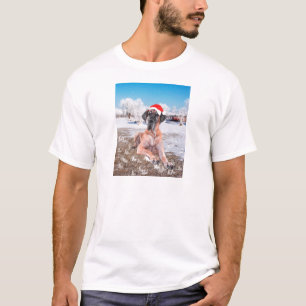 Camiseta Cachorro Bonito Sentado No Chapéu De Natal Da Neve