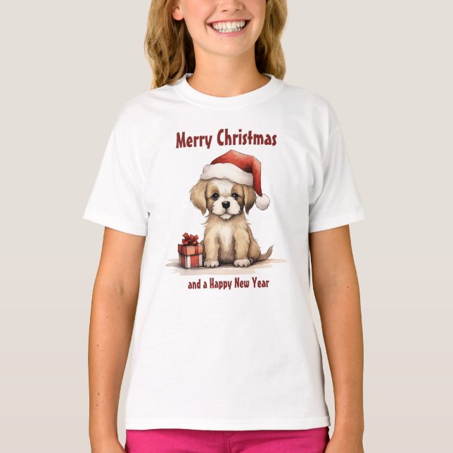 Camiseta Cachorro Bonito Vestindo um Papai Noel Feliz Natal (Frente)