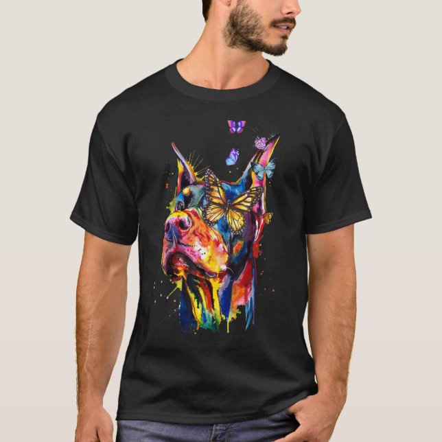 Camiseta Cachorro Borboletas Splash Doberman Pinscher (Frente)