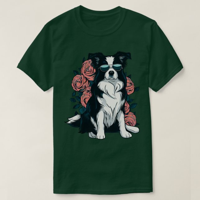 Camiseta Cachorro Border Collie e Flor (Frente do Design)