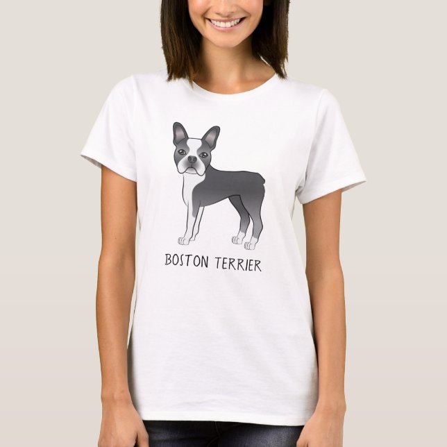 Camiseta Cachorro Boston Terrier Fofo Azul e Branco Com Tex (Frente)