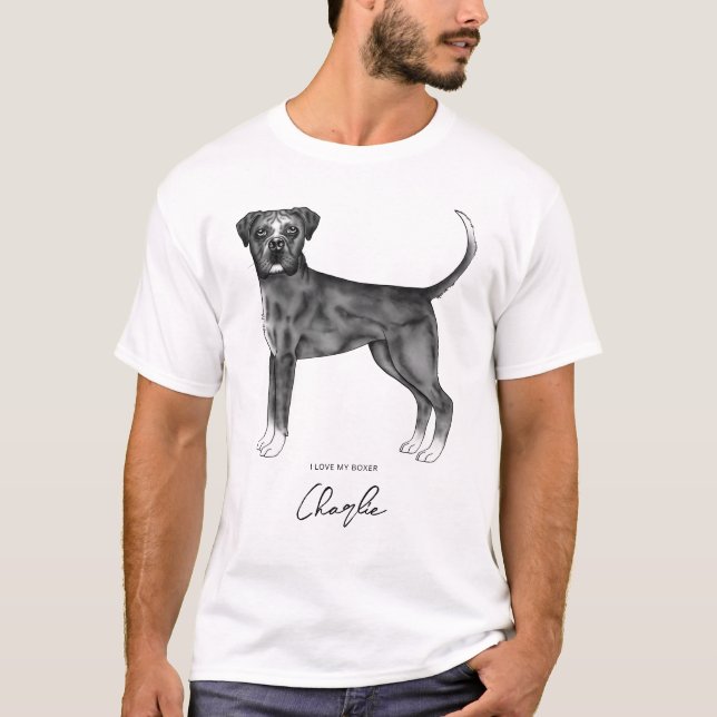 Camiseta Cachorro Boxer Alemão Preto e Branco Com Texto Per (Frente)