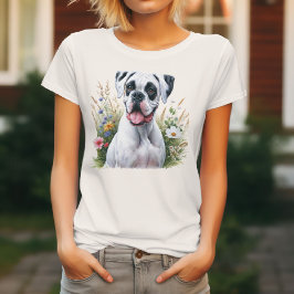 Camiseta Cachorro Boxer Branco e Divertido Entre as Flores