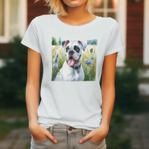 Camiseta Cachorro Boxer Branco Elegante Entre as Flores