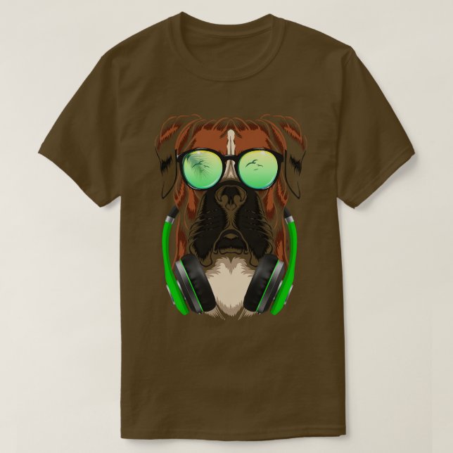 Camiseta Cachorro-Boxim Com Óculos-De-Sol E Fones de ouvido (Frente do Design)