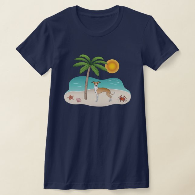 Camiseta Cachorro Branca E Fawn Em Uma Praia Tropical De Ve (Postura )