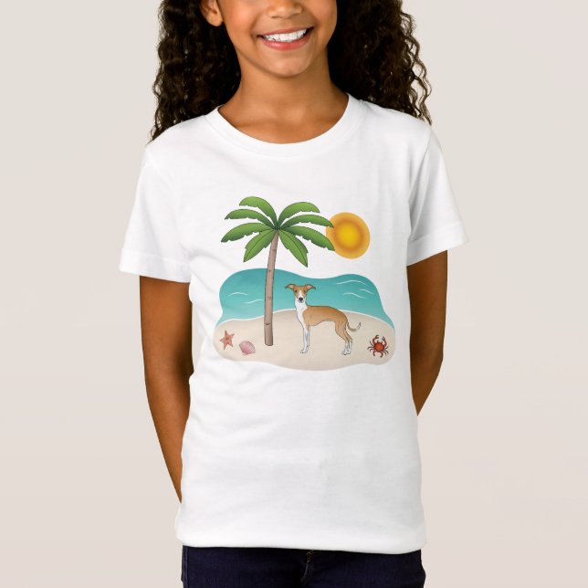 Camiseta Cachorro Branca E Fawn Em Uma Praia Tropical De Ve (Frente)