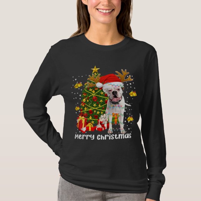 Camiseta Cachorro Branco Cachorro Noel Noite Árvore Chapéu  (Frente)