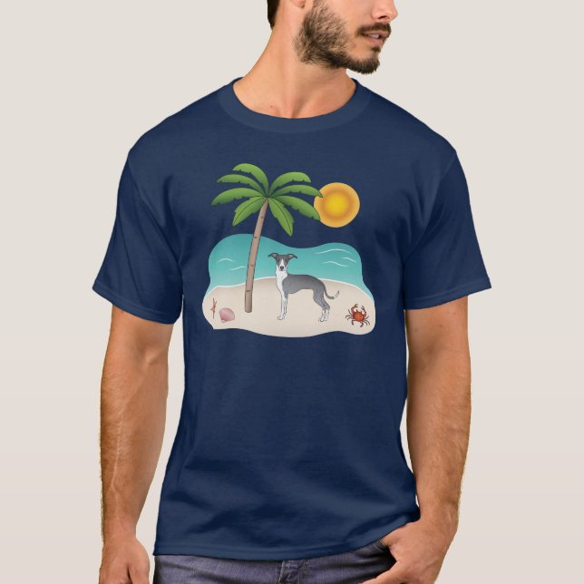 Camiseta Cachorro Branco E Azul Em Uma Praia Tropical De Ve (Frente)