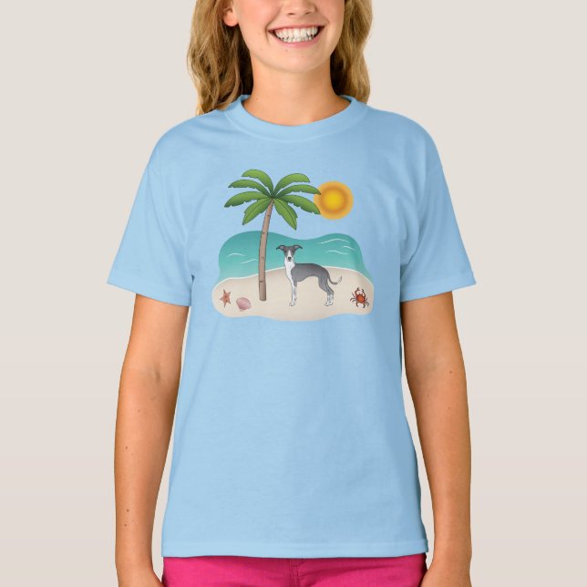 Camiseta Cachorro Branco E Azul Em Uma Praia Tropical De Ve (Frente)