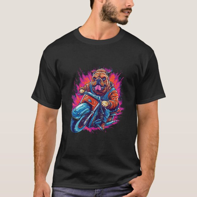 Camiseta Cachorro Buldogue andando de moto (Frente)