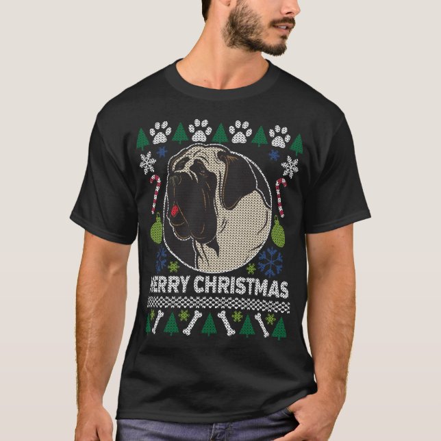 Camiseta Cachorro Bull Mastiff Raça Fumaça De Natal Feia (Frente)