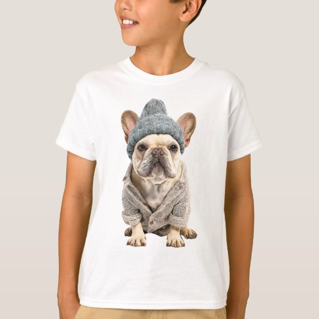 Camiseta Cachorro Bulldog Francês Aconchegante Vestindo Gor (Frente)