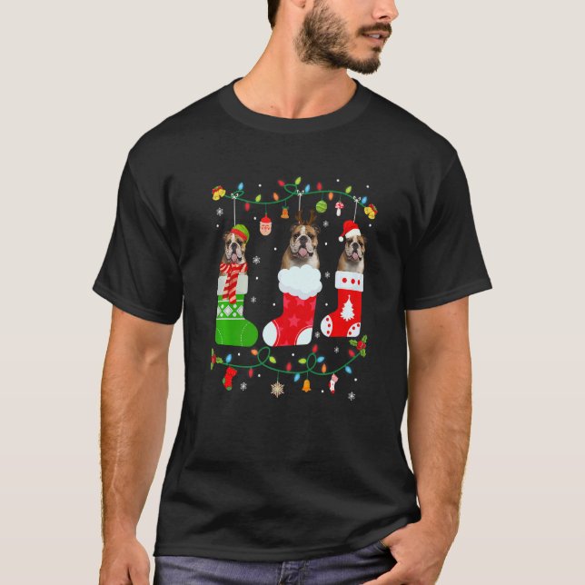 Camiseta Cachorro Bulldog Inglês Três Meias De Natal (Frente)