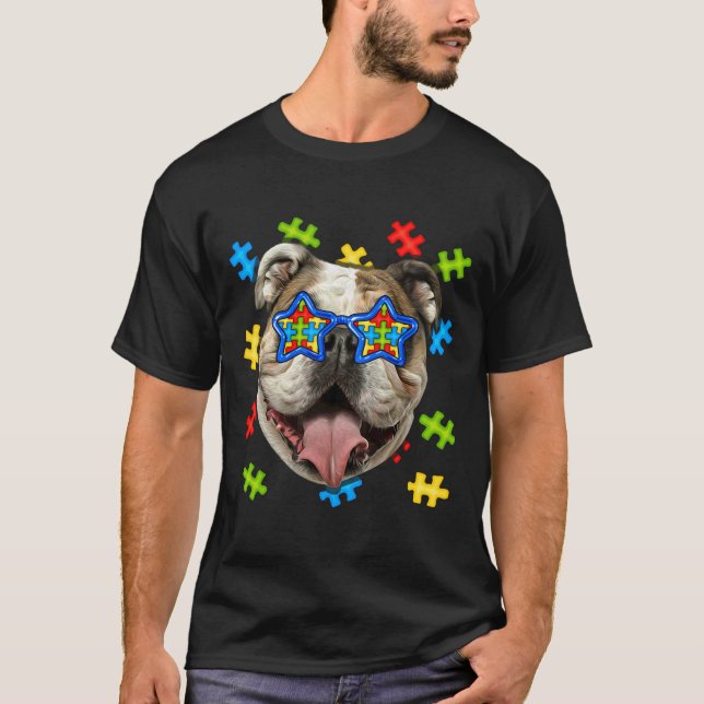 Camiseta Cachorro-Cachorro Autismo Quebra-cabeça Óculos sol (Frente)