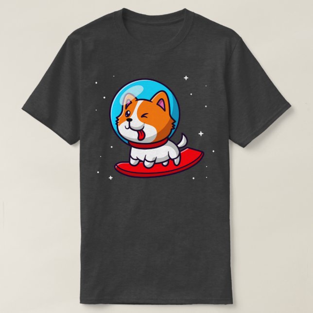 Camiseta Cachorro Cachorro Bonito Surfando no Espaço Cartoo (Frente do Design)