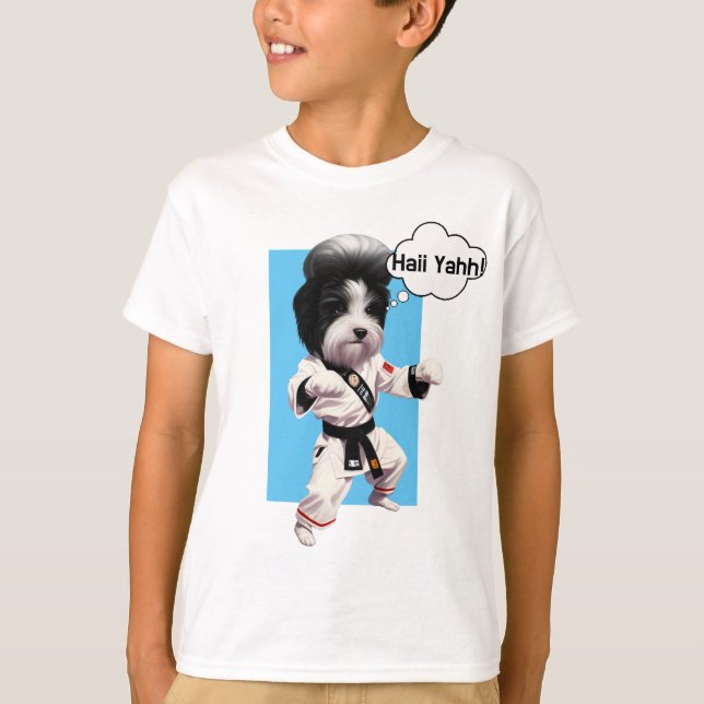 Camiseta Cachorro Cachorro Elvis Impersonator em Karate kim (Frente)
