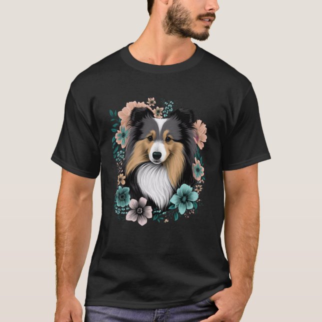 Camiseta Cachorro Cachorro Floral Primavera do Jardim Negro (Frente)