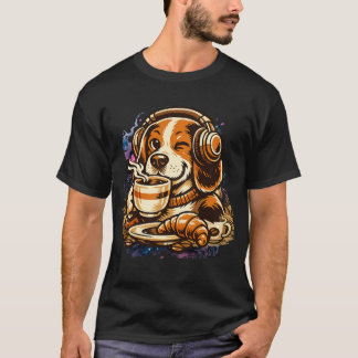 Camiseta Cachorro Café com Fones de Ouvido Cute Beagle Manh