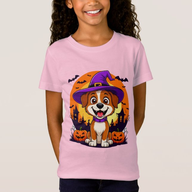 Camiseta Cachorro Cheio Vestido como Bruxa em meio ao Hallo (Frente)