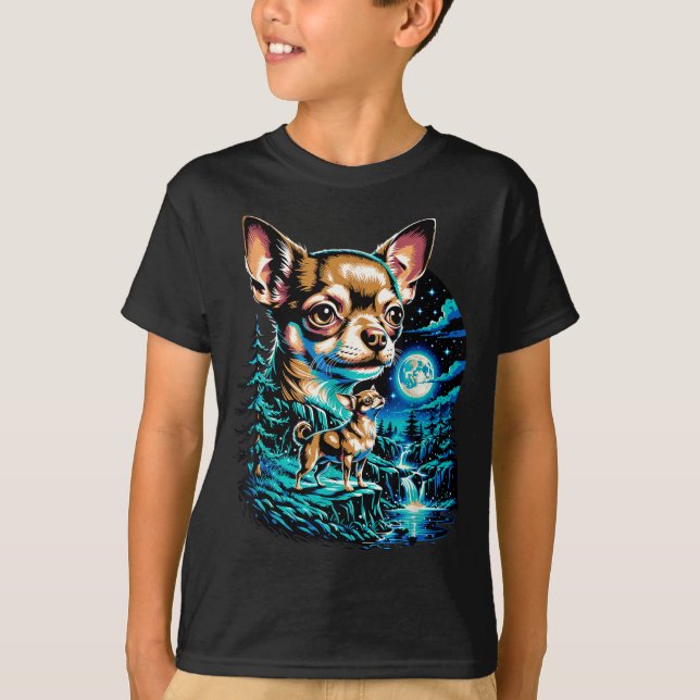 Camiseta Cachorro Chihuahua noite de lua cheia floresta cac (Frente)