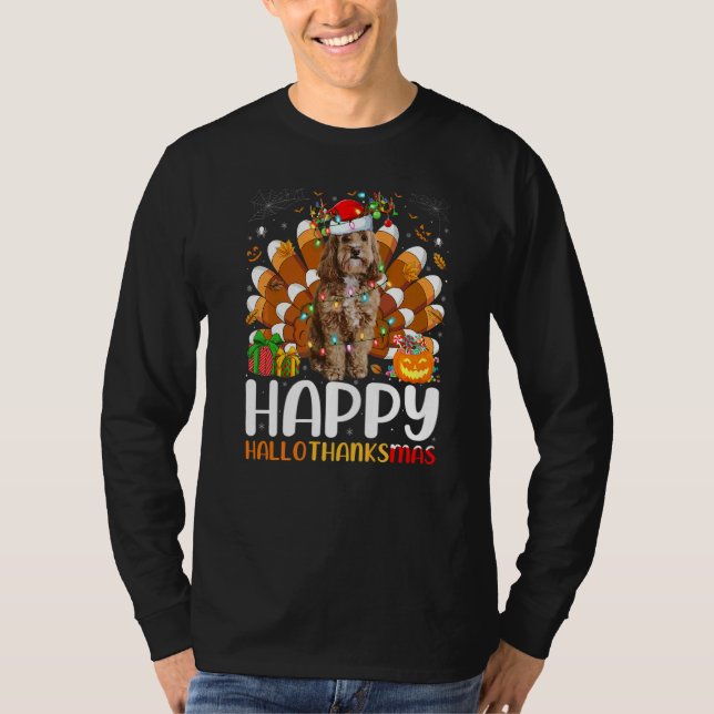 Camiseta Cachorro Cockapoo  Halloween Natal Feliz Hallothan (Frente)