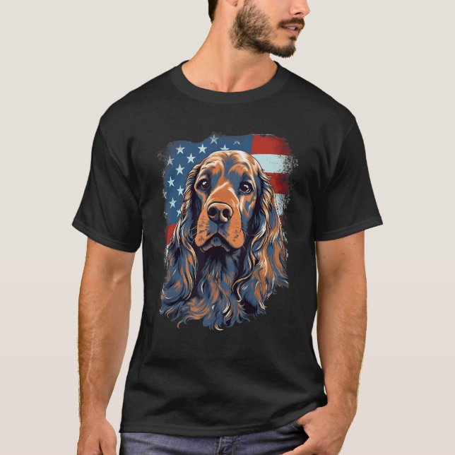Camiseta Cachorro Cocker Spaniel Inglês da Bandeira dos EUA (Frente)