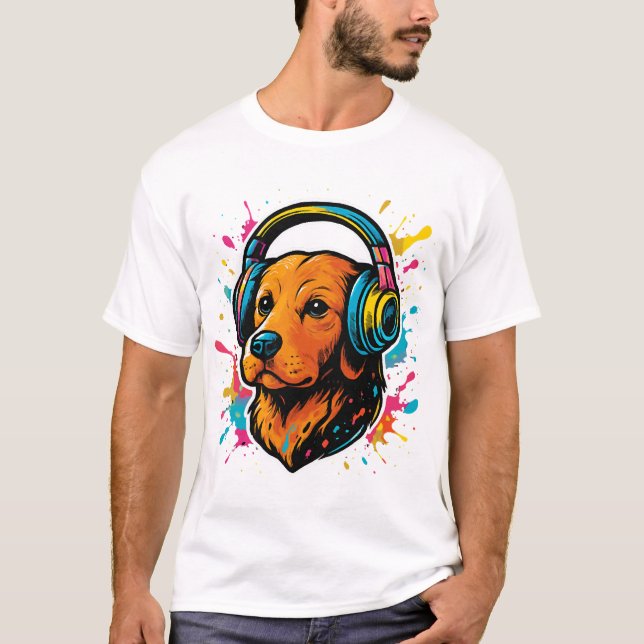 Camiseta Cachorro Colorido com Fones de Ouvido (Frente)
