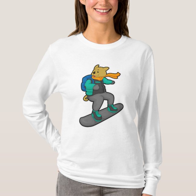 Camiseta Cachorro como Snowboarder com Snowboard e Mochila (Frente)