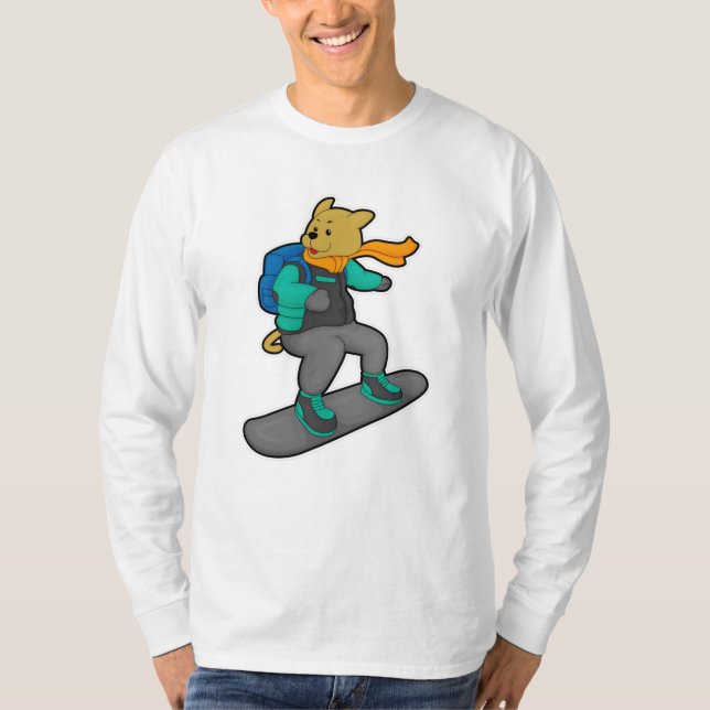 Camiseta Cachorro como Snowboarder com Snowboard e Mochila (Frente)