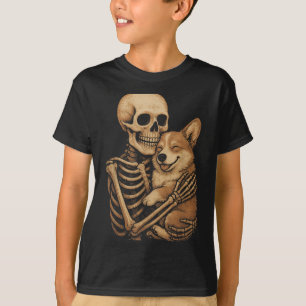 Camiseta Cachorro Corgi Abraçando Esqueleto Halloween Diver
