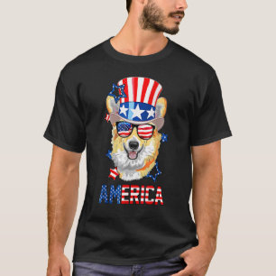 Camiseta Cachorro Corgi América Tio Sam Bandeira EUA 4 De J