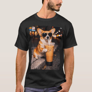 Camiseta Cachorro Corgi Bebendo Café Gelado Animal Engraçad