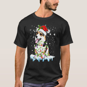 Camiseta Cachorro Corgi Chapéu de Papai Noel Luzes de Natal