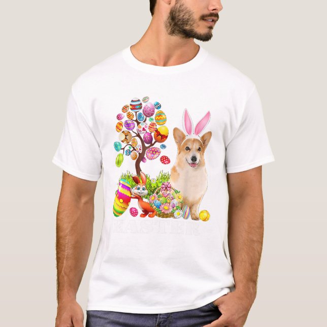 Camiseta Cachorro Corgi Coelho Ovos Felizes de Páscoa (Frente)