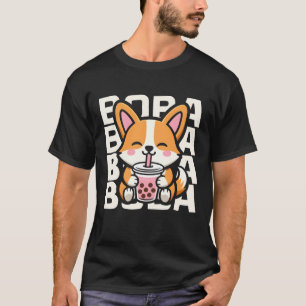 Camiseta Cachorro Corgi Fofo Bebendo Chá Boba Design Divert