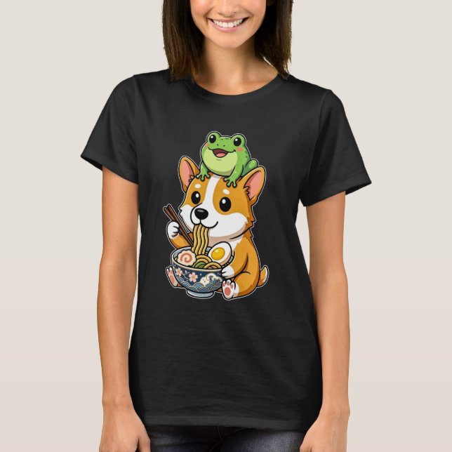 Camiseta Cachorro Corgi Fofo e Engraçado e Sapo Comendo Ram (Frente)