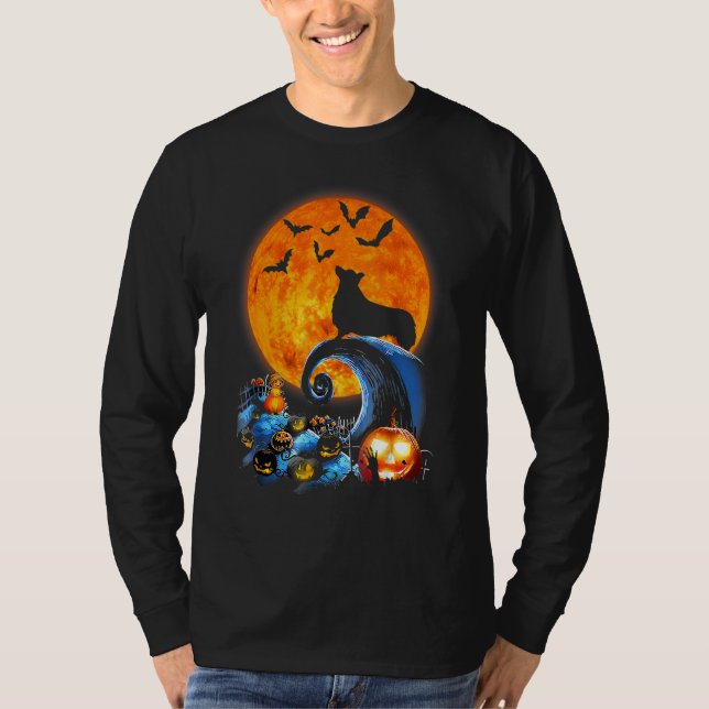 Camiseta Cachorro Corgi Silhouette Moon Pumpkin Bat Hallowe (Frente)