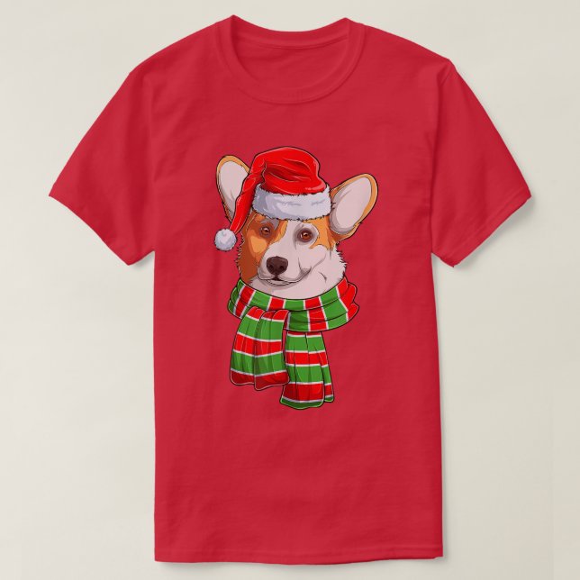 Camiseta Cachorro Corgi Vestindo Red Santa Hat (Frente do Design)