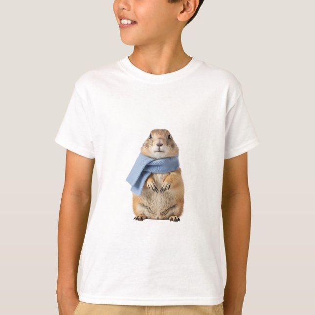 Camiseta Cachorro da Pradaria Fofo com Cachecol Azul para C (Frente)