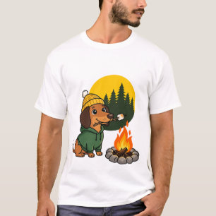 Camiseta Cachorro Dachshund Acampando Assando Marshmallow
