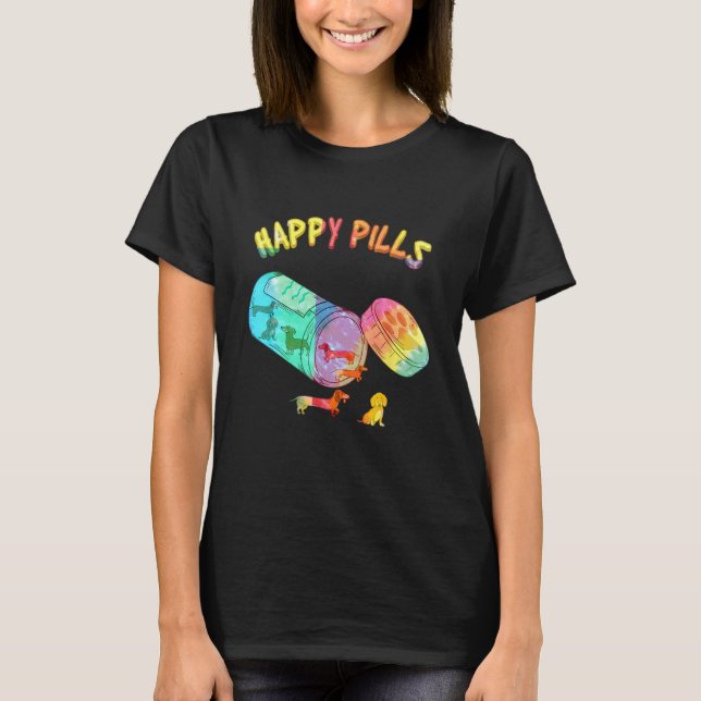 Camiseta Cachorro Dachshund Colorido Comprimidos Felizes (Frente)