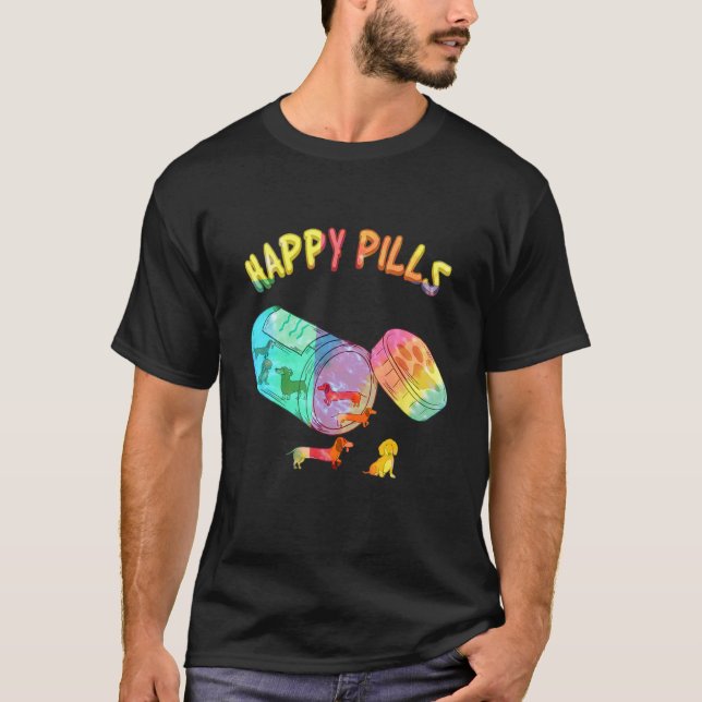 Camiseta Cachorro Dachshund Colorido Comprimidos Felizes (Frente)
