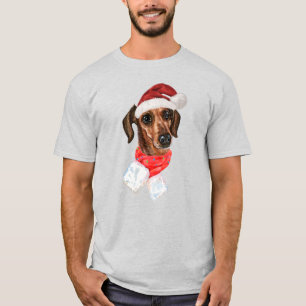 Camiseta Cachorro Dachshund Com Chapéu de Natal do Papai No