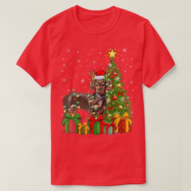Camiseta Cachorro Dachshund Iluminação Árvore de Natal Papa (Frente do Design)