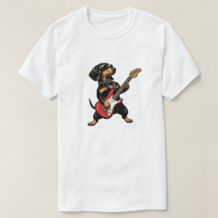 Camiseta Cachorro Dachshund Preto e Castanho Rocker Guitarr