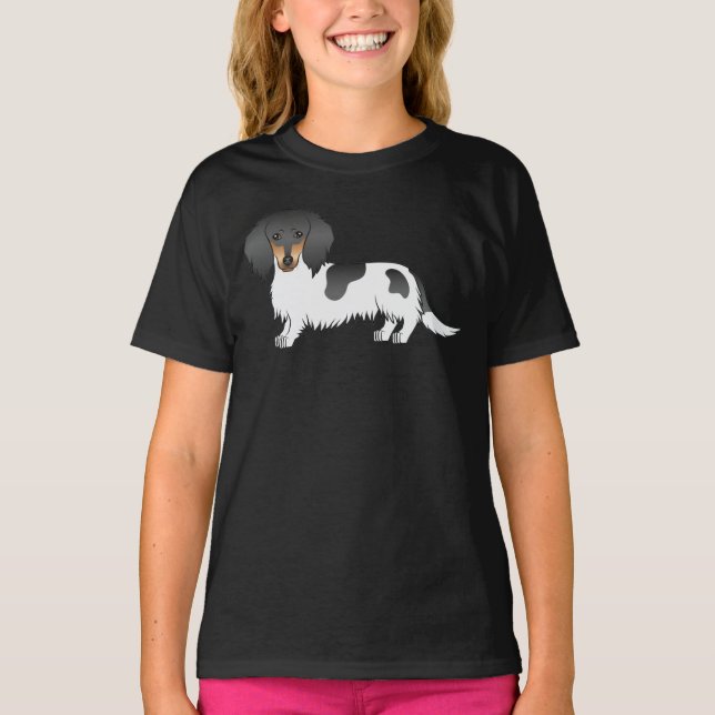 Camiseta Cachorro Dachshund Preto e Marrom Piebald de Pelo  (Frente)