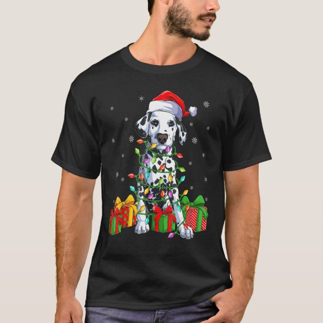 Camiseta Cachorro Dalmático Xmas Iluminação Santa Hat Dalma (Frente)