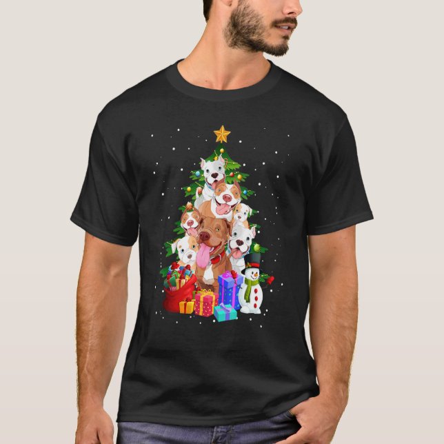 Camiseta Cachorro das Luzes das Árvores de Natal Pitbull (Frente)